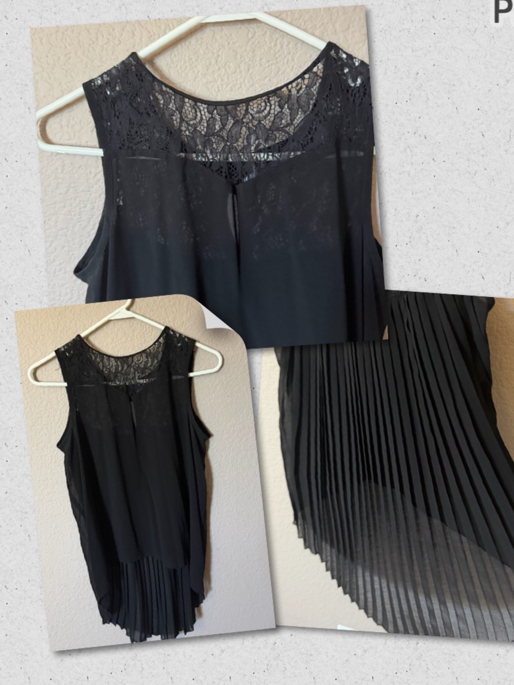 LOVE HAIGHT Womens Small Sleeveless Black Blouse Top Pleated Sheer Lace NWOT